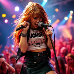 A fierce girl with hair in shades of orange and brown, wearing a black leather skirt and a white Ramones crop top