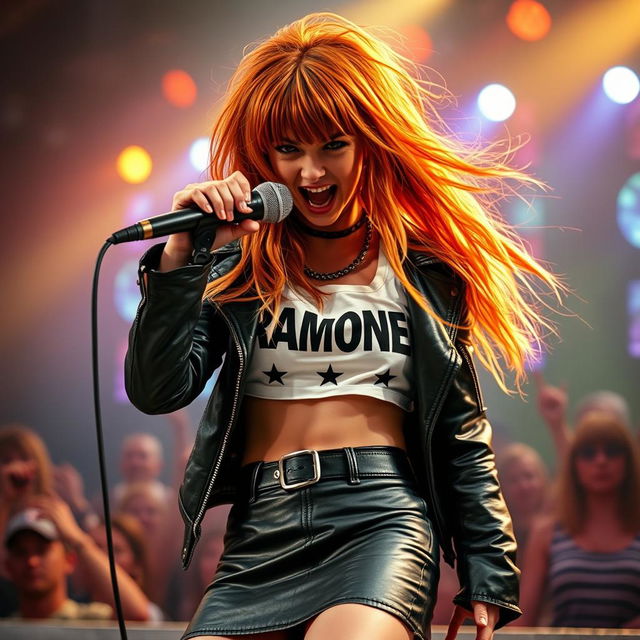 A fierce girl with hair in shades of orange and brown, wearing a black leather skirt and a white Ramones crop top