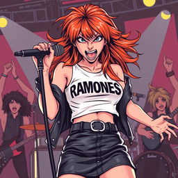 A fierce girl with hair in shades of orange and brown, wearing a black leather skirt and a white Ramones crop top