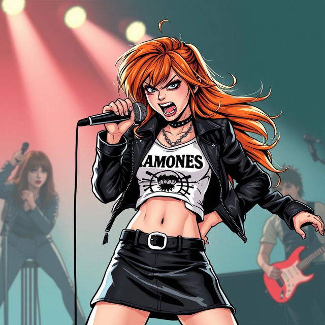 A fierce girl with hair in shades of orange and brown, wearing a black leather skirt and a white Ramones crop top