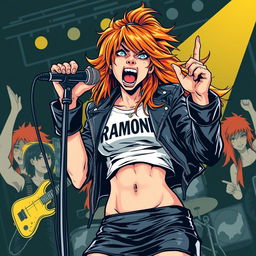 A fierce girl with hair in shades of orange and brown, wearing a black leather skirt and a white Ramones crop top