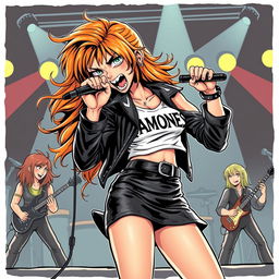 A fierce girl with hair in shades of orange and brown, wearing a black leather skirt and a white Ramones crop top