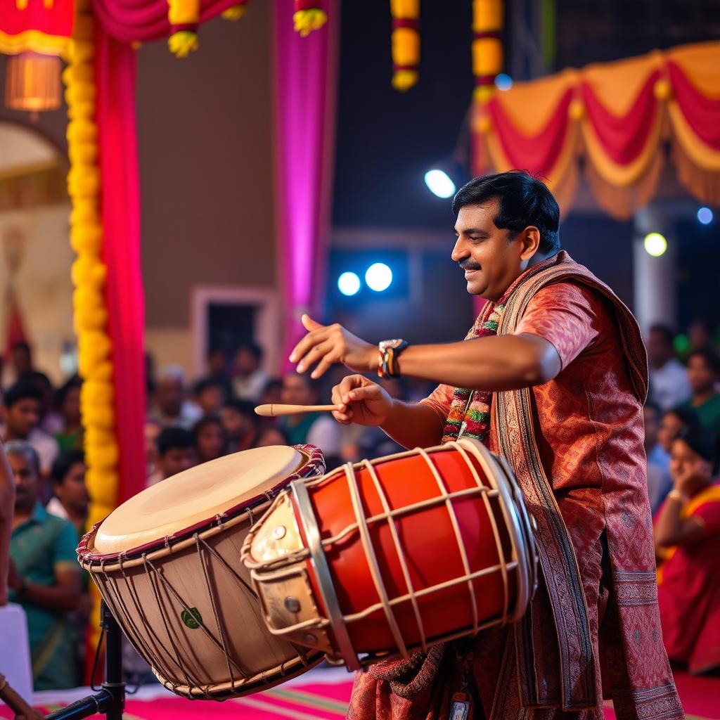 An Indian drummer passionately playing traditional drums on a vibrant stage, surrounded by colorful decorations