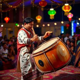 An Indian drummer passionately playing traditional drums on a vibrant stage, surrounded by colorful decorations