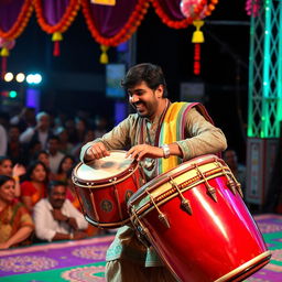 An Indian drummer passionately playing traditional drums on a vibrant stage, surrounded by colorful decorations