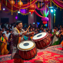 An Indian drummer passionately playing traditional drums on a vibrant stage, surrounded by colorful decorations