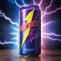 A vibrant can of energy drink, drenched in sweat. The label radiates energy with electric colors and dynamic designs. The backdrop is a storm of energy lightning bolts.