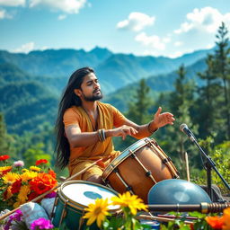 An Indian music producer passionately playing drums in a beautiful, serene outdoor location