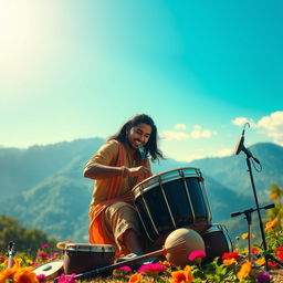 An Indian music producer passionately playing drums in a beautiful, serene outdoor location