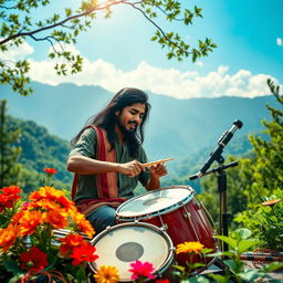 An Indian music producer passionately playing drums in a beautiful, serene outdoor location