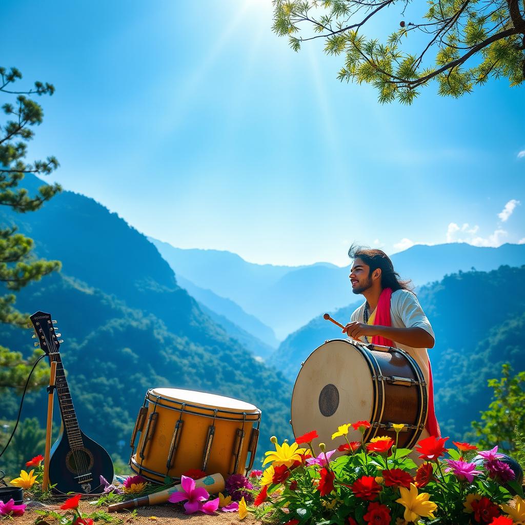 An Indian music producer passionately playing drums in a beautiful, serene outdoor location