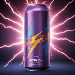 A vibrant can of energy drink, drenched in sweat. The label radiates energy with electric colors and dynamic designs. The backdrop is a storm of energy lightning bolts.