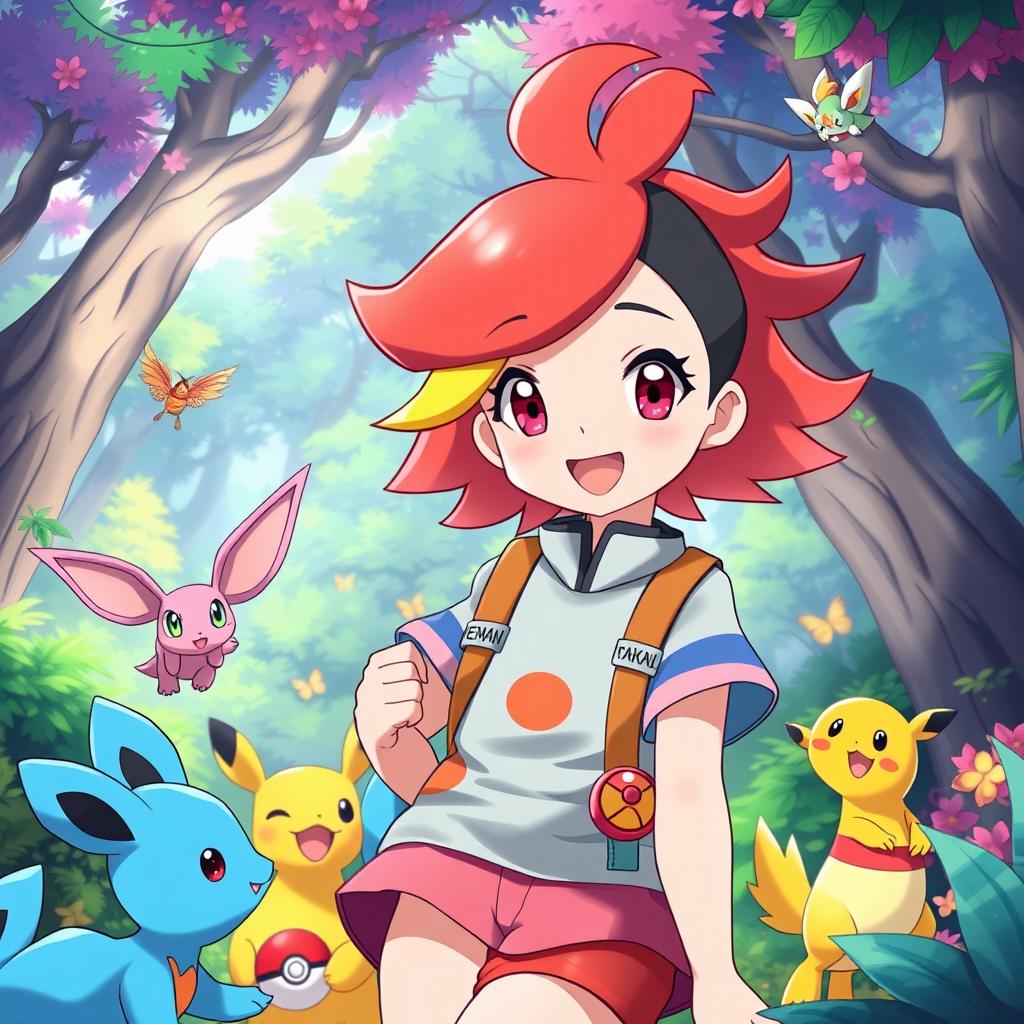 An imaginative character design inspired by the Pokémon universe featuring a young anime girl around nine years old with bright, vibrant hair resembling one of the Pokémon types, wearing an adorable outfit resembling a Pokémon trainer with accessories like Pokéballs and badges