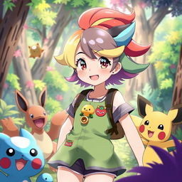 An imaginative character design inspired by the Pokémon universe featuring a young anime girl around nine years old with bright, vibrant hair resembling one of the Pokémon types, wearing an adorable outfit resembling a Pokémon trainer with accessories like Pokéballs and badges