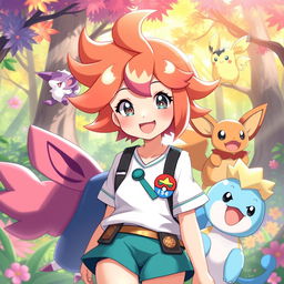 An imaginative character design inspired by the Pokémon universe featuring a young anime girl around nine years old with bright, vibrant hair resembling one of the Pokémon types, wearing an adorable outfit resembling a Pokémon trainer with accessories like Pokéballs and badges