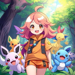 An imaginative character design inspired by the Pokémon universe featuring a young anime girl around nine years old with bright, vibrant hair resembling one of the Pokémon types, wearing an adorable outfit resembling a Pokémon trainer with accessories like Pokéballs and badges