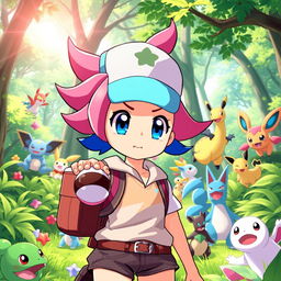 A vibrant and colorful scene featuring an original character inspired by Pokémon, an anime-style girl with large, expressive eyes, vibrant hair styled in a playful manner