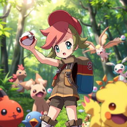 A vibrant and colorful scene featuring an original character inspired by Pokémon, an anime-style girl with large, expressive eyes, vibrant hair styled in a playful manner