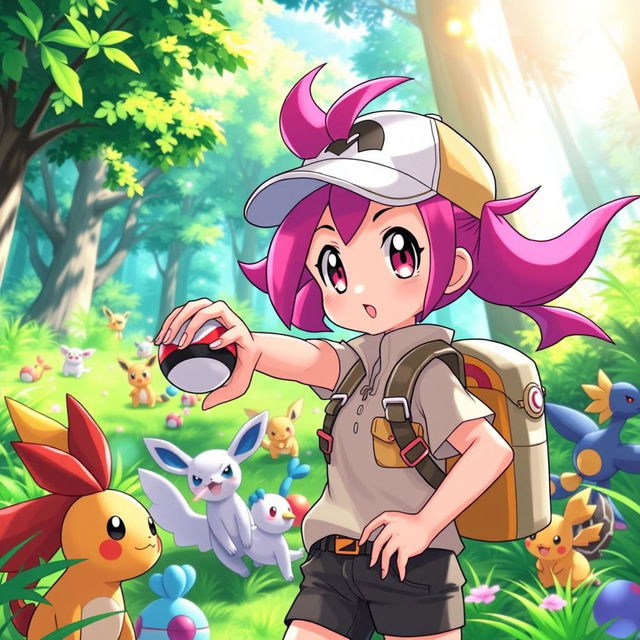 A vibrant and colorful scene featuring an original character inspired by Pokémon, an anime-style girl with large, expressive eyes, vibrant hair styled in a playful manner