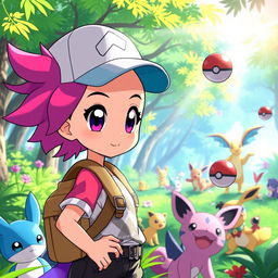 A vibrant and colorful scene featuring an original character inspired by Pokémon, an anime-style girl with large, expressive eyes, vibrant hair styled in a playful manner