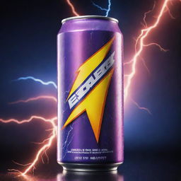 A vibrant can of energy drink, drenched in sweat. The label radiates energy with electric colors and dynamic designs. The backdrop is a storm of energy lightning bolts.