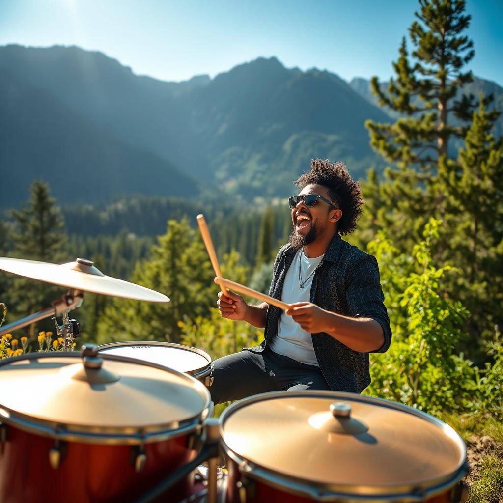 A music producer passionately playing drums in a stunning natural location, surrounded by lush greenery, mountains in the background, and a clear blue sky