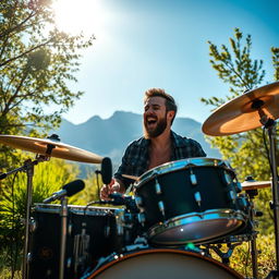 A music producer passionately playing drums in a stunning natural location, surrounded by lush greenery, mountains in the background, and a clear blue sky