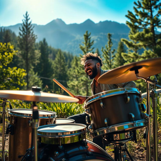 A music producer passionately playing drums in a stunning natural location, surrounded by lush greenery, mountains in the background, and a clear blue sky