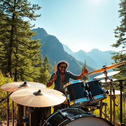 A music producer passionately playing drums in a stunning natural location, surrounded by lush greenery, mountains in the background, and a clear blue sky