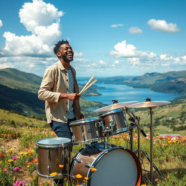 A music producer energetically playing drums in a breathtaking natural setting, featuring rolling hills and a serene lake in the background