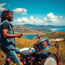 A music producer energetically playing drums in a breathtaking natural setting, featuring rolling hills and a serene lake in the background