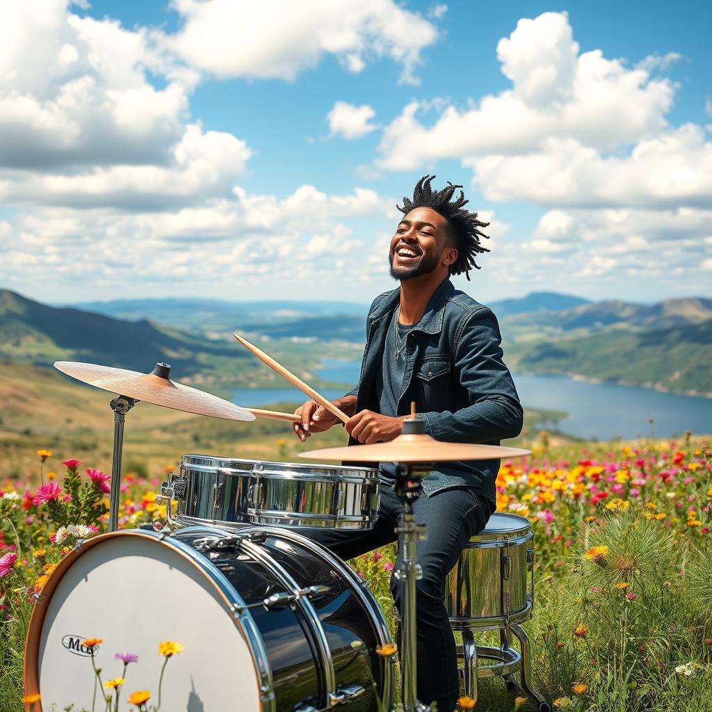 A music producer energetically playing drums in a breathtaking natural setting, featuring rolling hills and a serene lake in the background