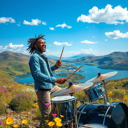 A music producer energetically playing drums in a breathtaking natural setting, featuring rolling hills and a serene lake in the background