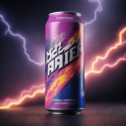 A vibrant can of energy drink, drenched in sweat. The label radiates energy with electric colors and dynamic designs. The backdrop is a storm of energy lightning bolts.