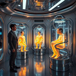 A futuristic room filled with advanced technology, featuring a man in sleek, modern attire standing near glowing capsules containing humans who are in a state of suspended animation