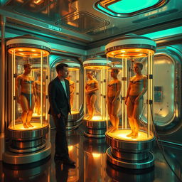 A futuristic room filled with advanced technology, featuring a man in sleek, modern attire standing near glowing capsules containing humans who are in a state of suspended animation