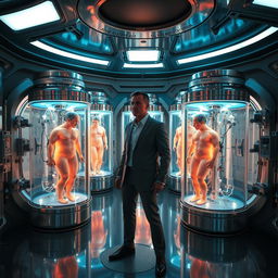 A futuristic room filled with advanced technology, featuring a man in sleek, modern attire standing near glowing capsules containing humans who are in a state of suspended animation