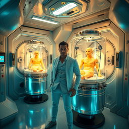 A futuristic room filled with advanced technology, featuring a man in sleek, modern attire standing near glowing capsules containing humans who are in a state of suspended animation