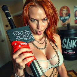 A close-up shot focusing on a sexy female redhead with large chest and visible cleavage, wearing a tank top adorned with punk chains