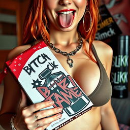 A close-up torso shot of a sexy female redhead wearing a tank top adorned with punk chains, showcasing her large chest and noticeable cleavage