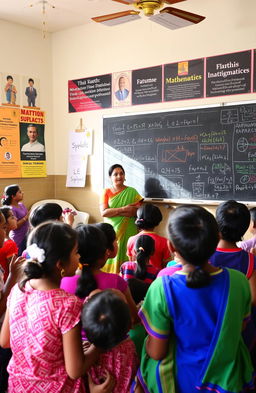 A vibrant classroom scene in Andhra Pradesh, filled with enthusiastic students engaged in math activities