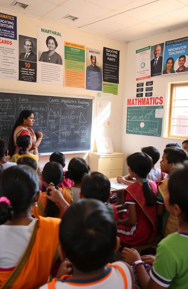 A vibrant classroom scene in Andhra Pradesh, filled with enthusiastic students engaged in math activities