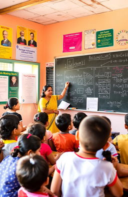 A vibrant classroom scene in Andhra Pradesh, filled with enthusiastic students engaged in math activities