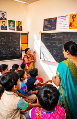 A vibrant classroom scene in Andhra Pradesh, filled with enthusiastic students engaged in math activities