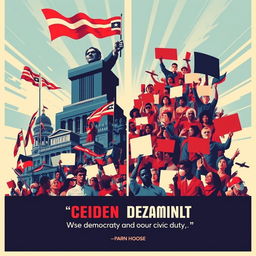 A powerful political poster depicting the contrast between political power and citizen decision-making