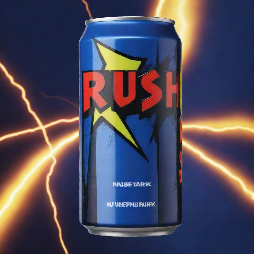 An electric, sweat-covered can of energy drink named 'RUSH'. The label features dynamic designs with electric colors. The name 'RUSH' prominently displayed, amidst a backdrop of energy lightning bolts.