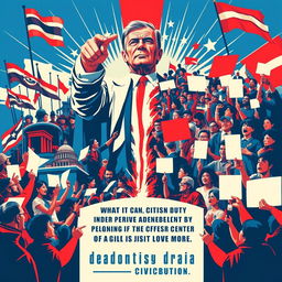 A powerful political poster depicting the contrast between political power and citizen decision-making