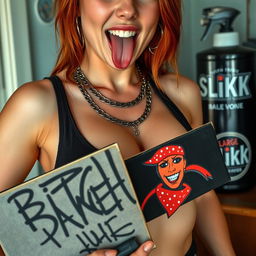 A close-up shot focusing on the chest and torso of a sexy female redhead wearing a tank top adorned with punk chains