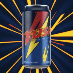 An electric, sweat-covered can of energy drink named 'RUSH'. The label features dynamic designs with electric colors. The name 'RUSH' prominently displayed, amidst a backdrop of energy lightning bolts.