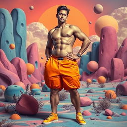 A surreal and colorful artistic portrayal of a confidently posed individual with an exaggerated body shape, featuring large hips and a highly stylized and exaggerated male anatomy